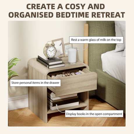 Wooden Bedside Cabinet 40cm Wide Rounded Corners With 1 Drawer in Set Of 2 - Velmora