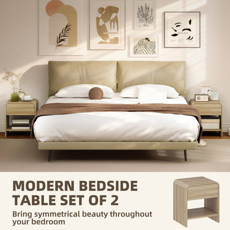 Wooden Bedside Cabinet 40cm Wide Rounded Corners With 1 Drawer in Set Of 2 - Velmora