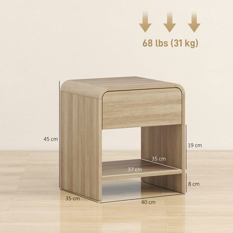 Wooden Bedside Cabinet 40cm Wide Rounded Corners With 1 Drawer in Set Of 2 - Velmora