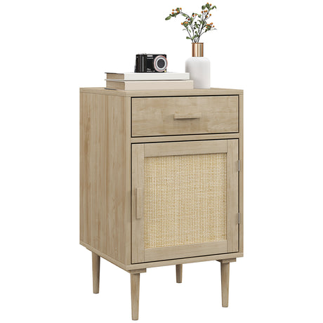 Wooden Bedside Cabinet 40cm Wide With 1 Rattan Door And 1 Drawer - Velmora