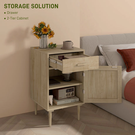 Wooden Bedside Cabinet 40cm Wide With 1 Rattan Door And 1 Drawer - Velmora