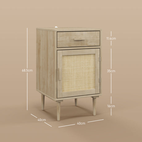 Wooden Bedside Cabinet 40cm Wide With 1 Rattan Door And 1 Drawer - Velmora