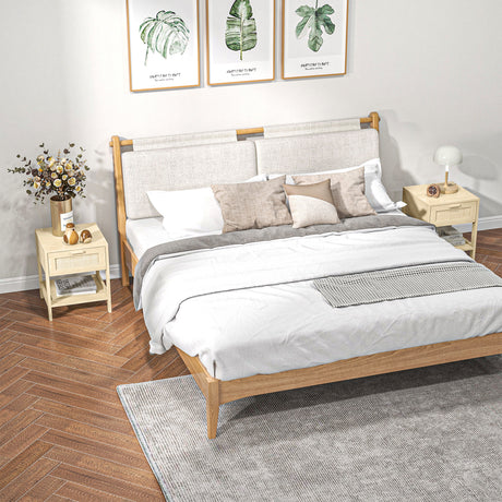 Wooden Bedside Cabinet 40cm Wide With 1 Rattan Drawer And Open Shelf in Set Of 2 - Velmora