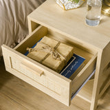 Wooden Bedside Cabinet 40cm Wide With 1 Rattan Drawer And Open Shelf in Set Of 2 - Velmora