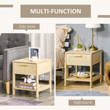 Wooden Bedside Cabinet 40cm Wide With 1 Rattan Drawer And Open Shelf in Set Of 2 - Velmora