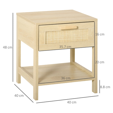 Wooden Bedside Cabinet 40cm Wide With 1 Rattan Drawer And Open Shelf in Set Of 2 - Velmora