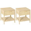 Wooden Bedside Cabinet 40cm Wide With 1 Rattan Drawer And Open Shelf in Set Of 2 - Velmora