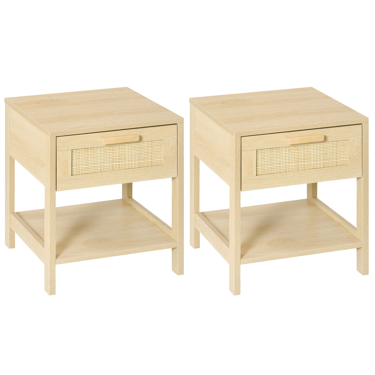 Wooden Bedside Cabinet 40cm Wide With 1 Rattan Drawer And Open Shelf in Set Of 2 - Velmora