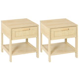 Wooden Bedside Cabinet 40cm Wide With 1 Rattan Drawer And Open Shelf in Set Of 2 - Velmora