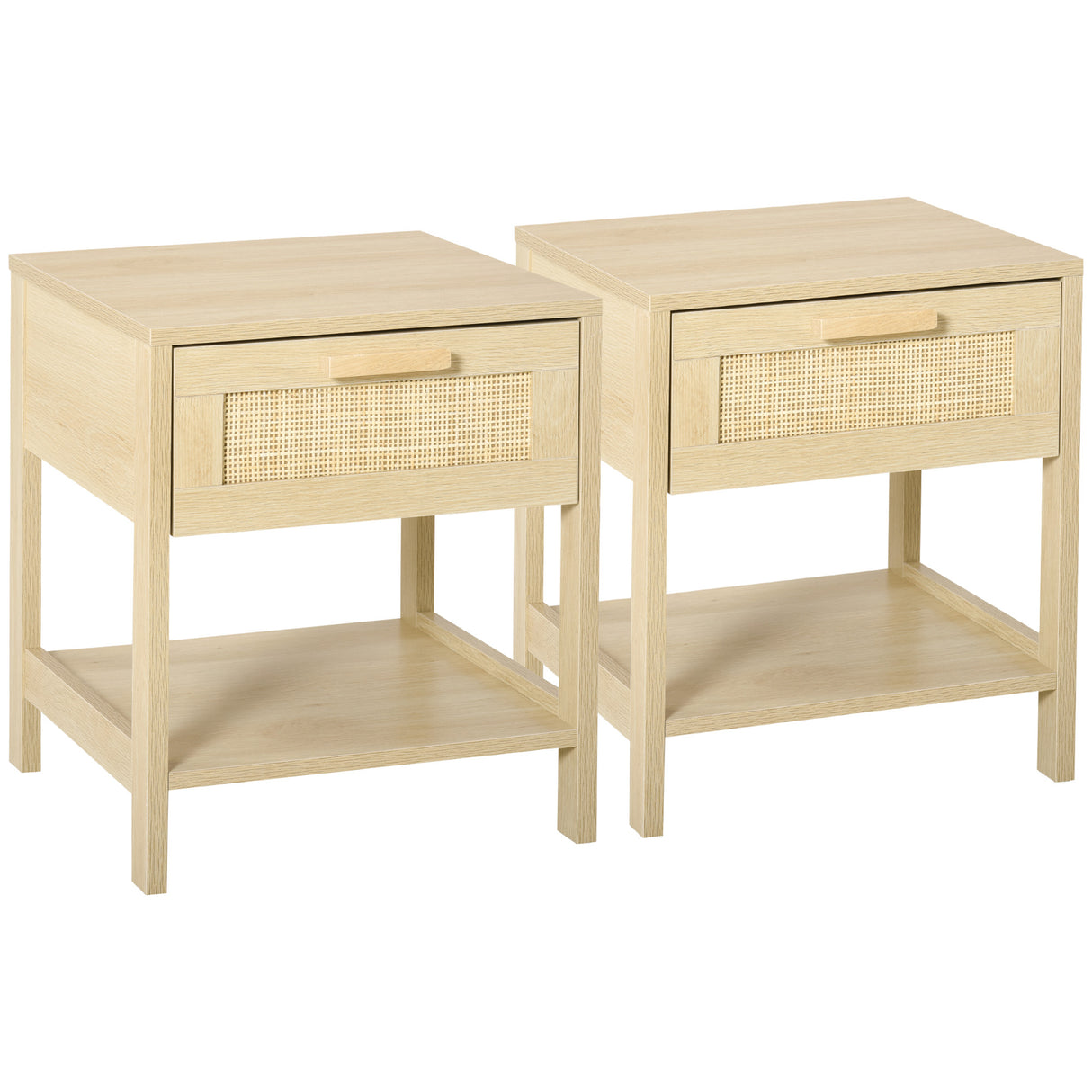 Wooden Bedside Cabinet 40cm Wide With 1 Rattan Drawer And Shelf  in Set Of 2 - Velmora