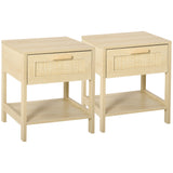 Wooden Bedside Cabinet 40cm Wide With 1 Rattan Drawer And Shelf  in Set Of 2 - Velmora