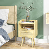 Wooden Bedside Cabinet 40cm Wide With 1 Rattan Drawer in Set Of 2 - Velmora