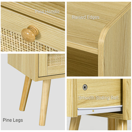 Wooden Bedside Cabinet 40cm Wide With 1 Rattan Drawer in Set Of 2 - Velmora
