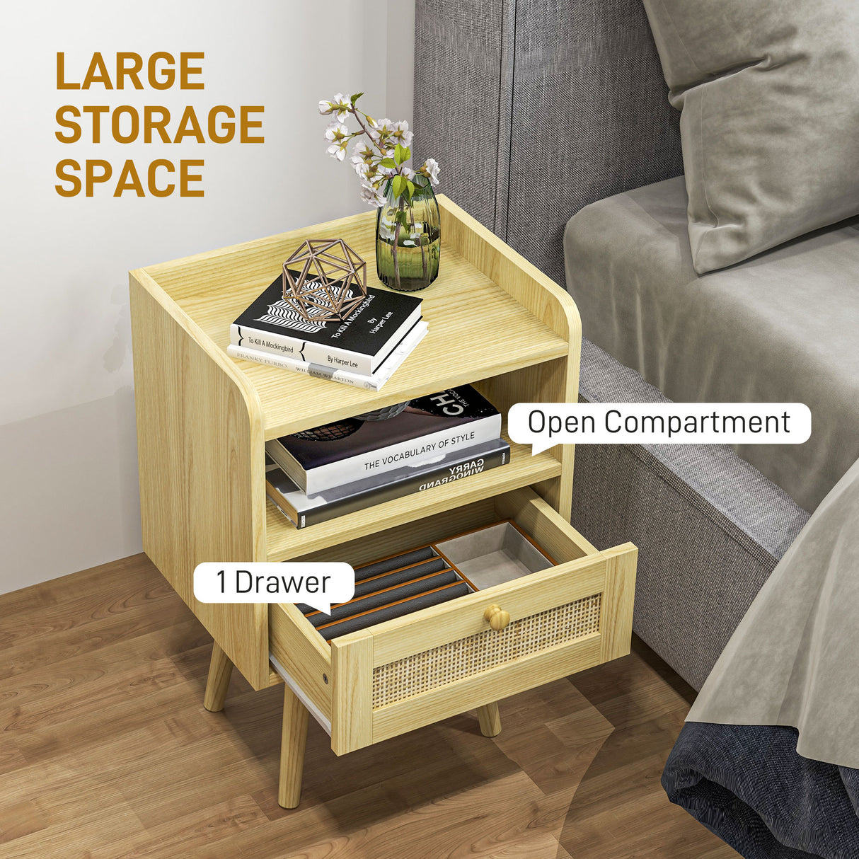 Wooden Bedside Cabinet 40cm Wide With 1 Rattan Drawer in Set Of 2 - Velmora