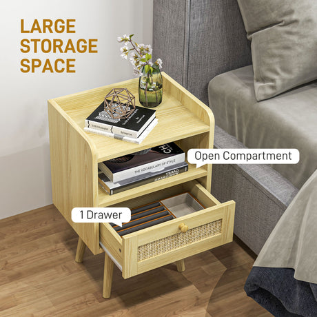 Wooden Bedside Cabinet 40cm Wide With 1 Rattan Drawer in Set Of 2 - Velmora
