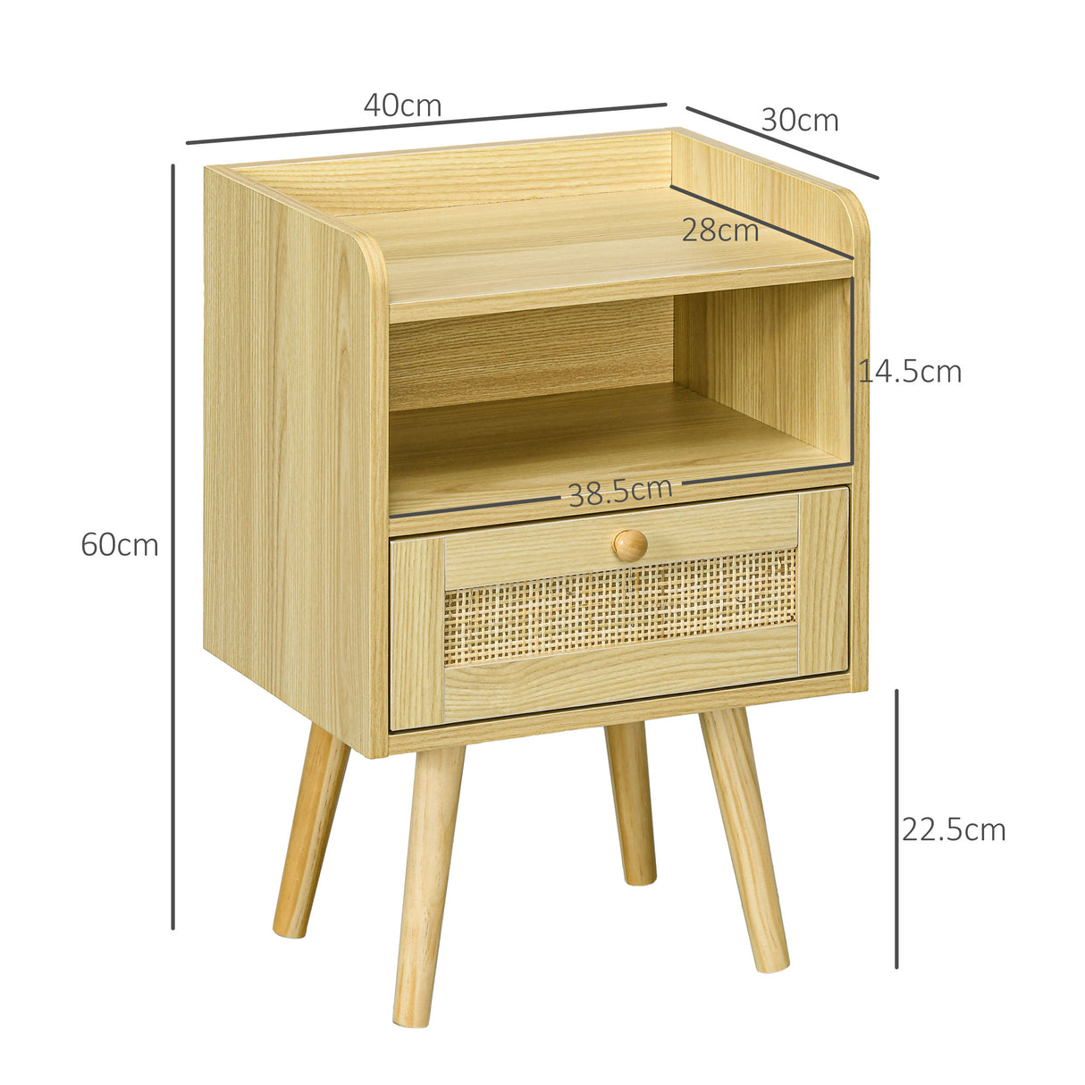 Wooden Bedside Cabinet 40cm Wide With 1 Rattan Drawer in Set Of 2 - Velmora