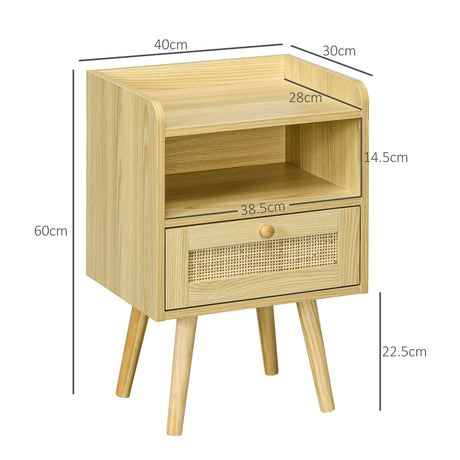 Wooden Bedside Cabinet 40cm Wide With 1 Rattan Drawer in Set Of 2 - Velmora