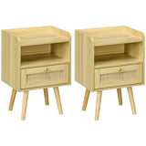 Wooden Bedside Cabinet 40cm Wide With 1 Rattan Drawer in Set Of 2 - Velmora