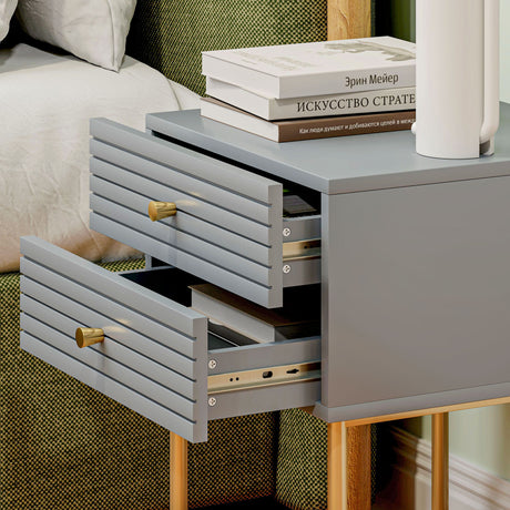 Wooden Bedside Cabinet 40cm Wide With 2 Drawers And Gold Frame - Velmora