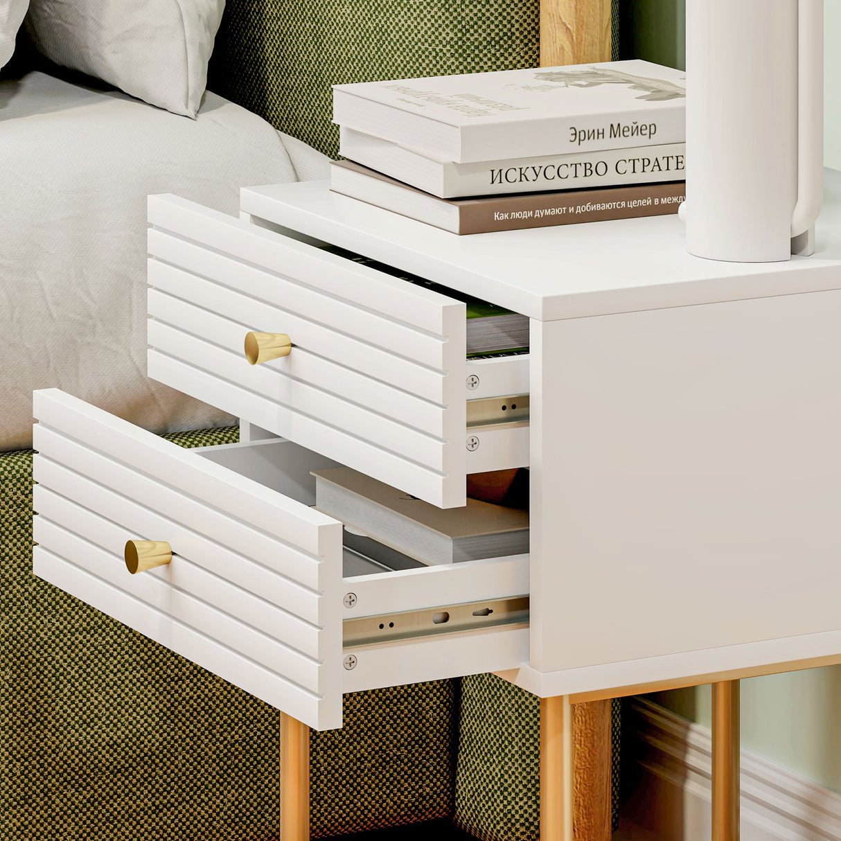 Wooden Bedside Cabinet 40cm Wide With 2 Drawers And Gold Frame - Velmora