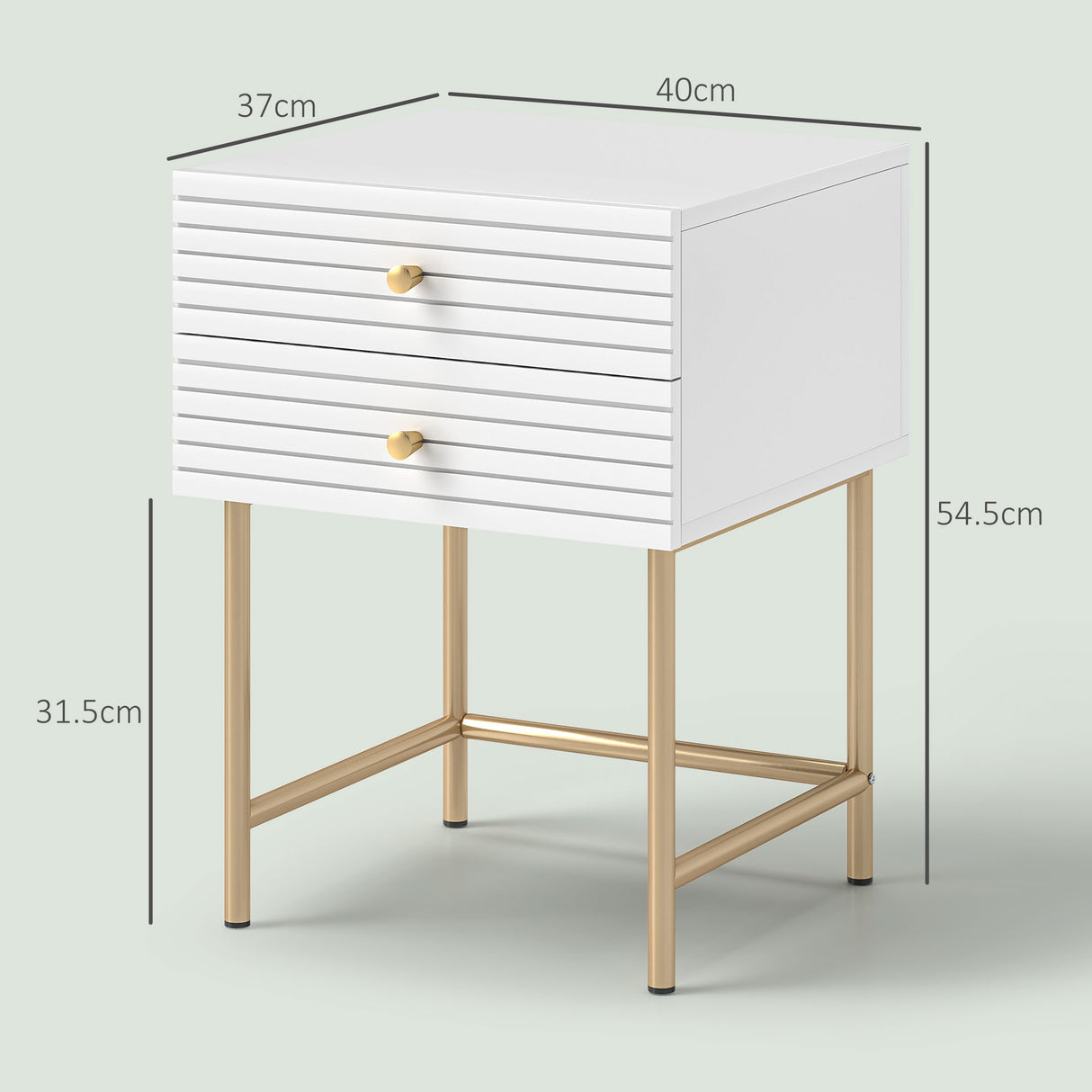 Wooden Bedside Cabinet 40cm Wide With 2 Drawers And Gold Frame - Velmora