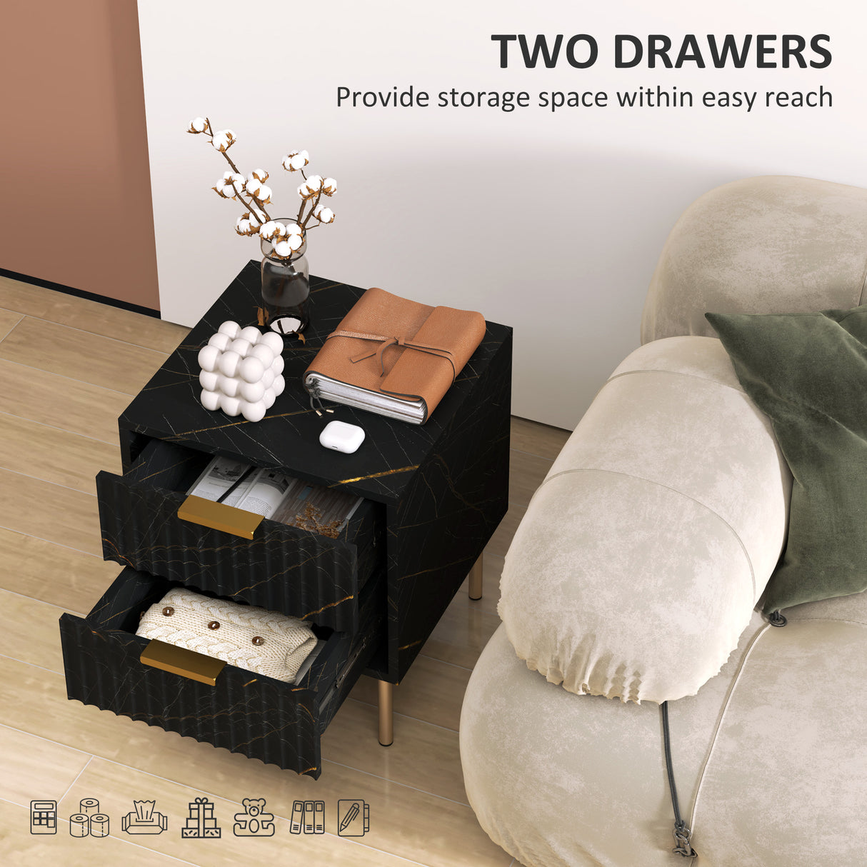 Wooden Bedside Cabinet 40cm Wide With 2 Drawers And Gold Handles Legs - Velmora
