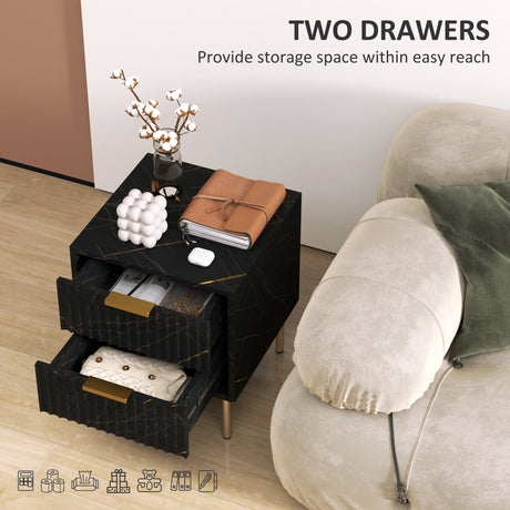 Wooden Bedside Cabinet 40cm Wide With 2 Drawers And Gold Handles Legs - Velmora