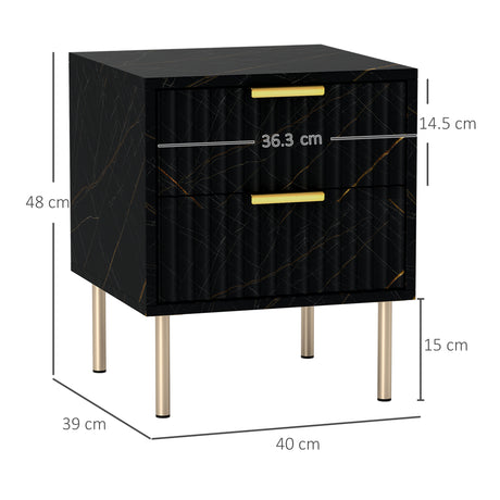 Wooden Bedside Cabinet 40cm Wide With 2 Drawers And Gold Handles Legs - Velmora