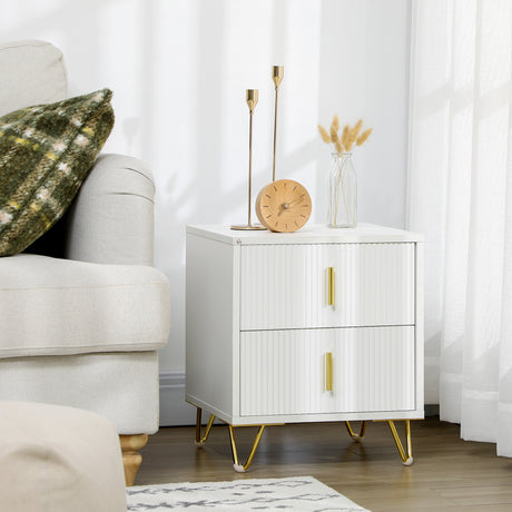 Wooden Bedside Cabinet 40cm Wide With 2 Drawers And Gold Handles - Velmora