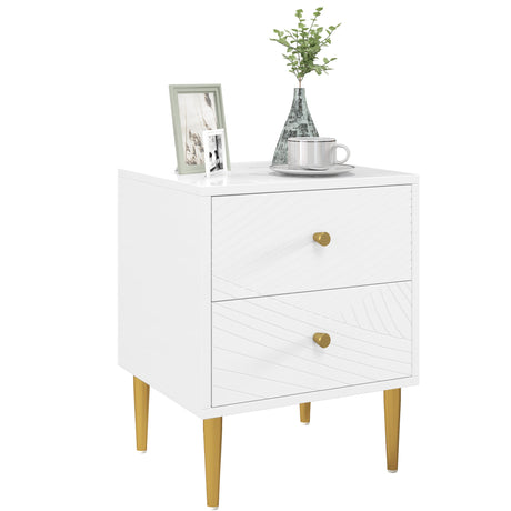 Wooden Bedside Cabinet 40cm Wide With 2 Drawers And Gold Legs - Velmora