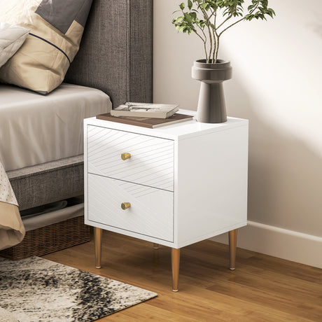 Wooden Bedside Cabinet 40cm Wide With 2 Drawers And Gold Legs - Velmora