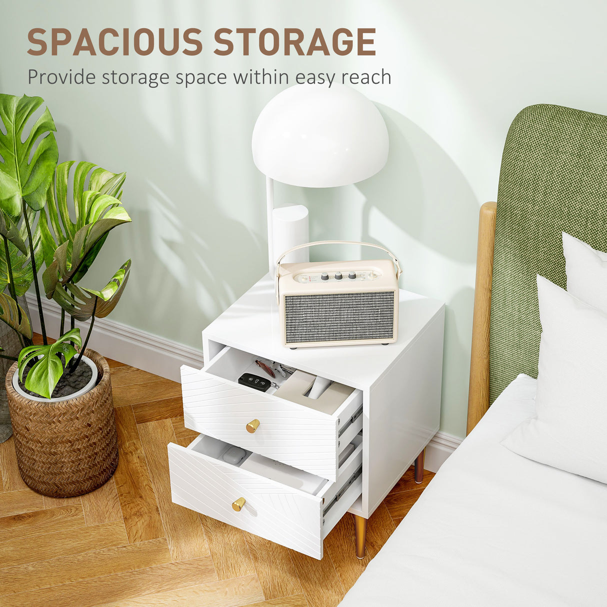 Wooden Bedside Cabinet 40cm Wide With 2 Drawers And Gold Legs - Velmora