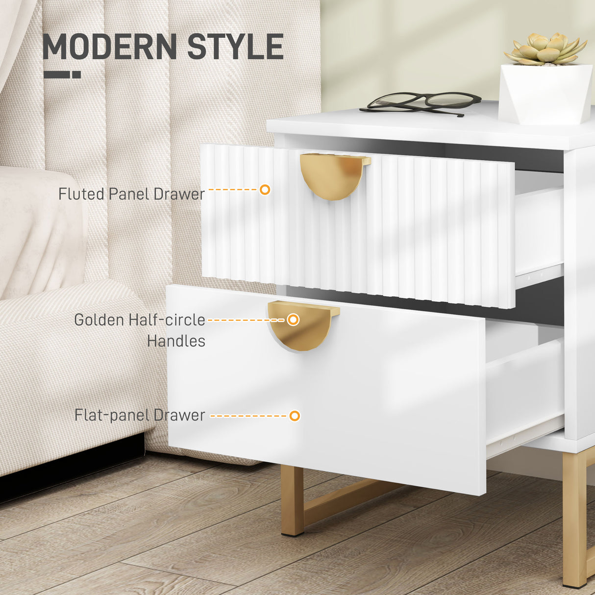 Wooden Bedside Cabinet 40cm Wide With 2 Drawers And Gold Metal Base - Velmora