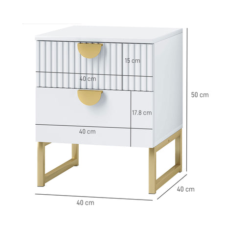 Wooden Bedside Cabinet 40cm Wide With 2 Drawers And Gold Metal Base - Velmora