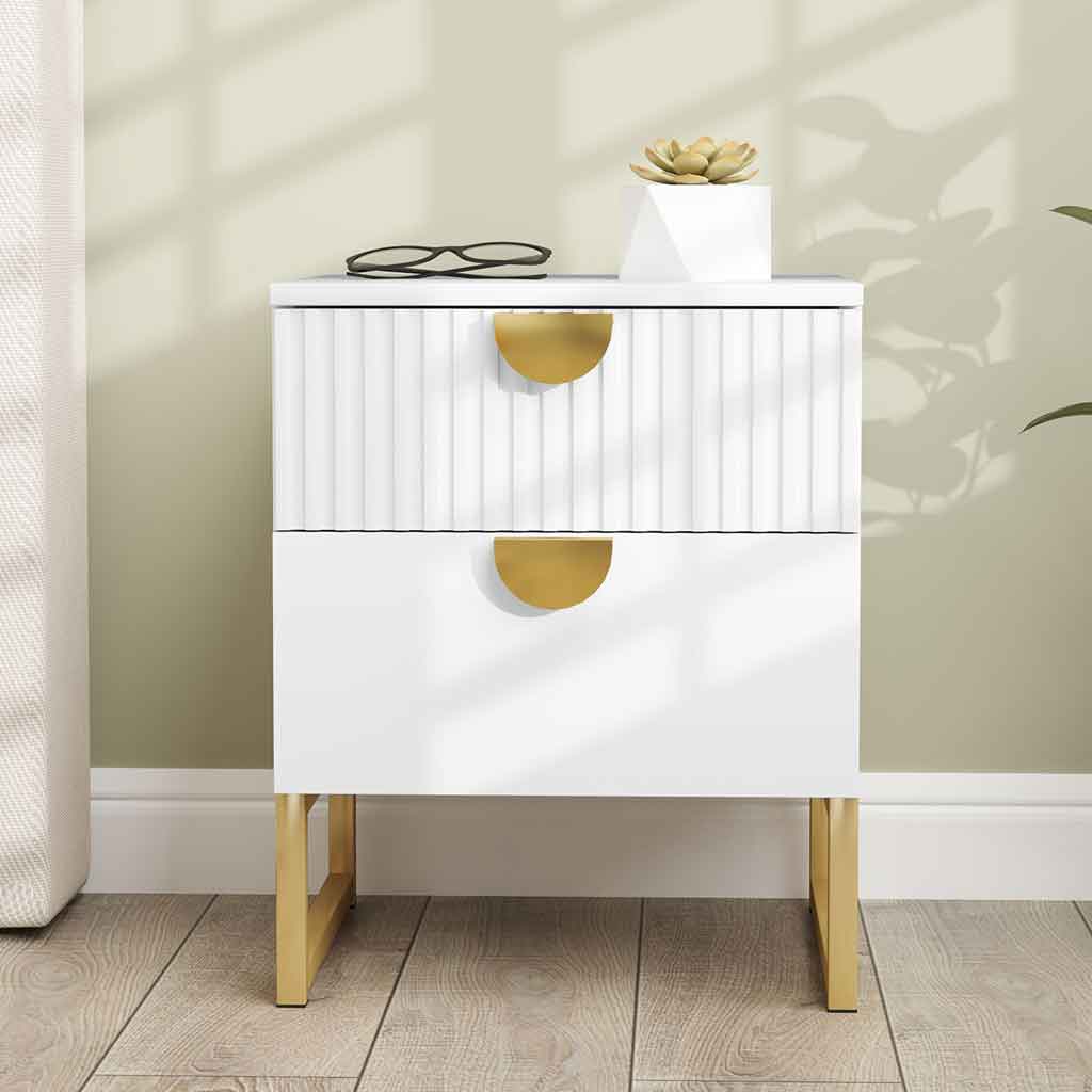 Wooden Bedside Cabinet 40cm Wide With 2 Drawers And Gold Metal Base - Velmora