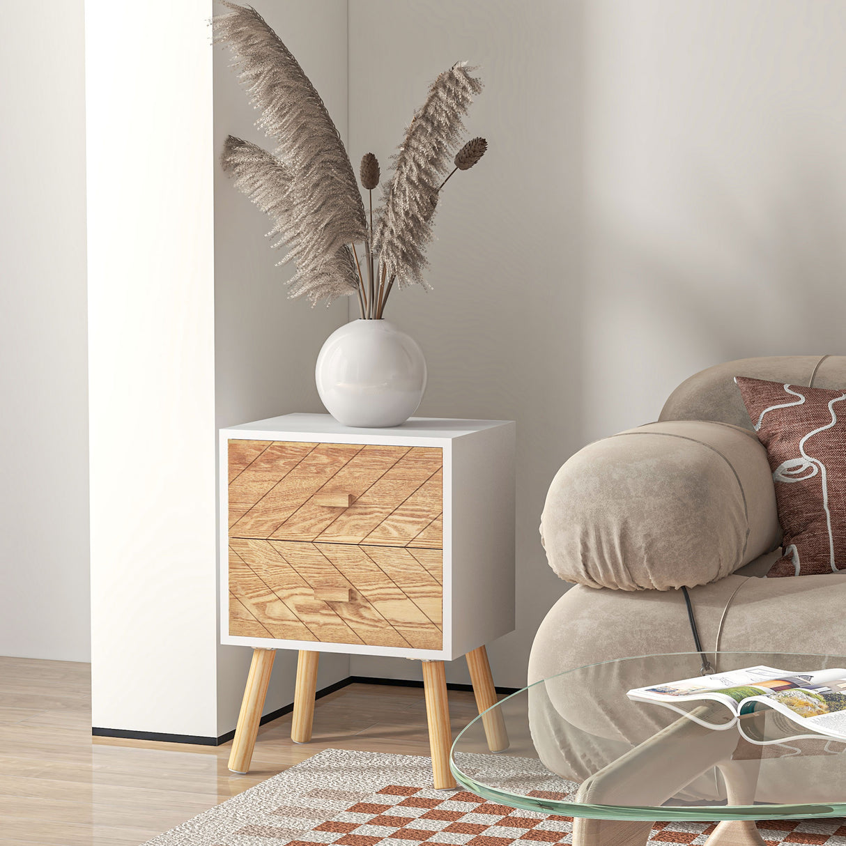 Wooden Bedside Cabinet 40cm Wide With 2 Drawers And Pine Legs in Set Of 2 - Velmora