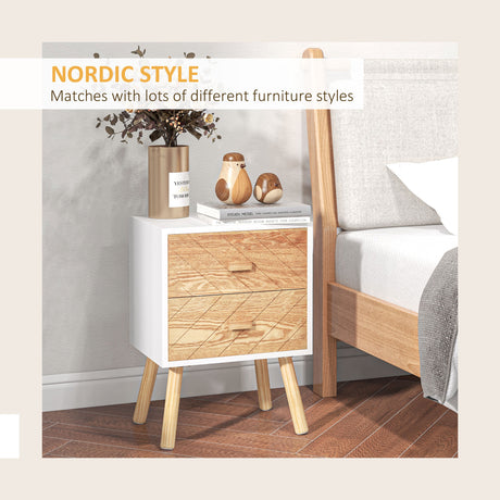 Wooden Bedside Cabinet 40cm Wide With 2 Drawers And Pine Legs in Set Of 2 - Velmora
