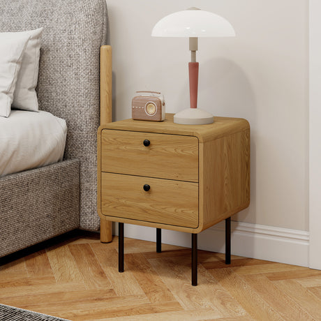 Wooden Bedside Cabinet 40cm Wide With 2 Drawers And Steel Legs - Velmora