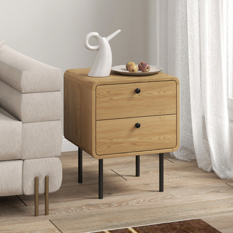 Wooden Bedside Cabinet 40cm Wide With 2 Drawers And Steel Legs - Velmora