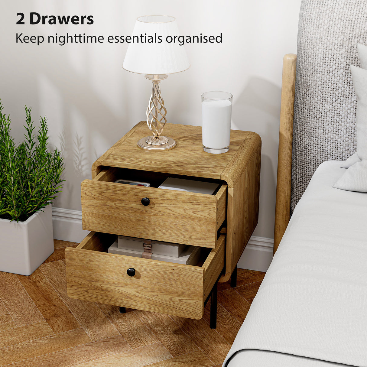 Wooden Bedside Cabinet 40cm Wide With 2 Drawers And Steel Legs - Velmora