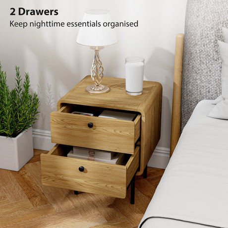 Wooden Bedside Cabinet 40cm Wide With 2 Drawers And Steel Legs - Velmora