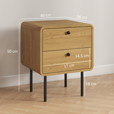 Wooden Bedside Cabinet 40cm Wide With 2 Drawers And Steel Legs - Velmora