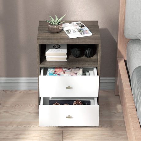 Wooden Bedside Cabinet 40cm Wide With 2 Drawers in Set Of 2 - Velmora