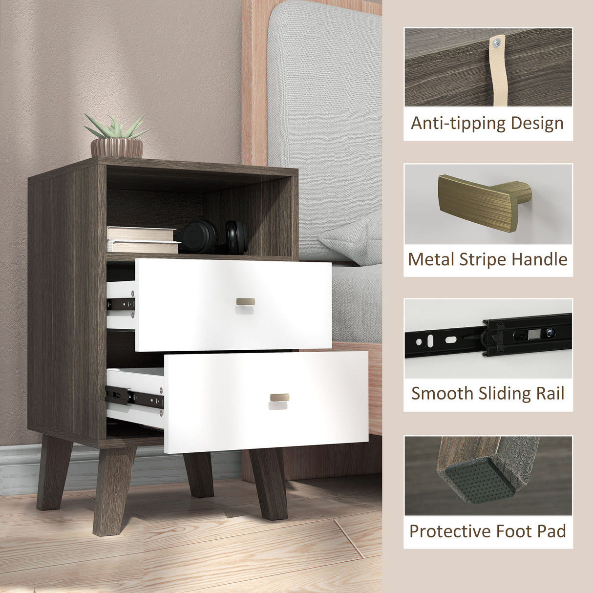 Wooden Bedside Cabinet 40cm Wide With 2 Drawers in Set Of 2 - Velmora