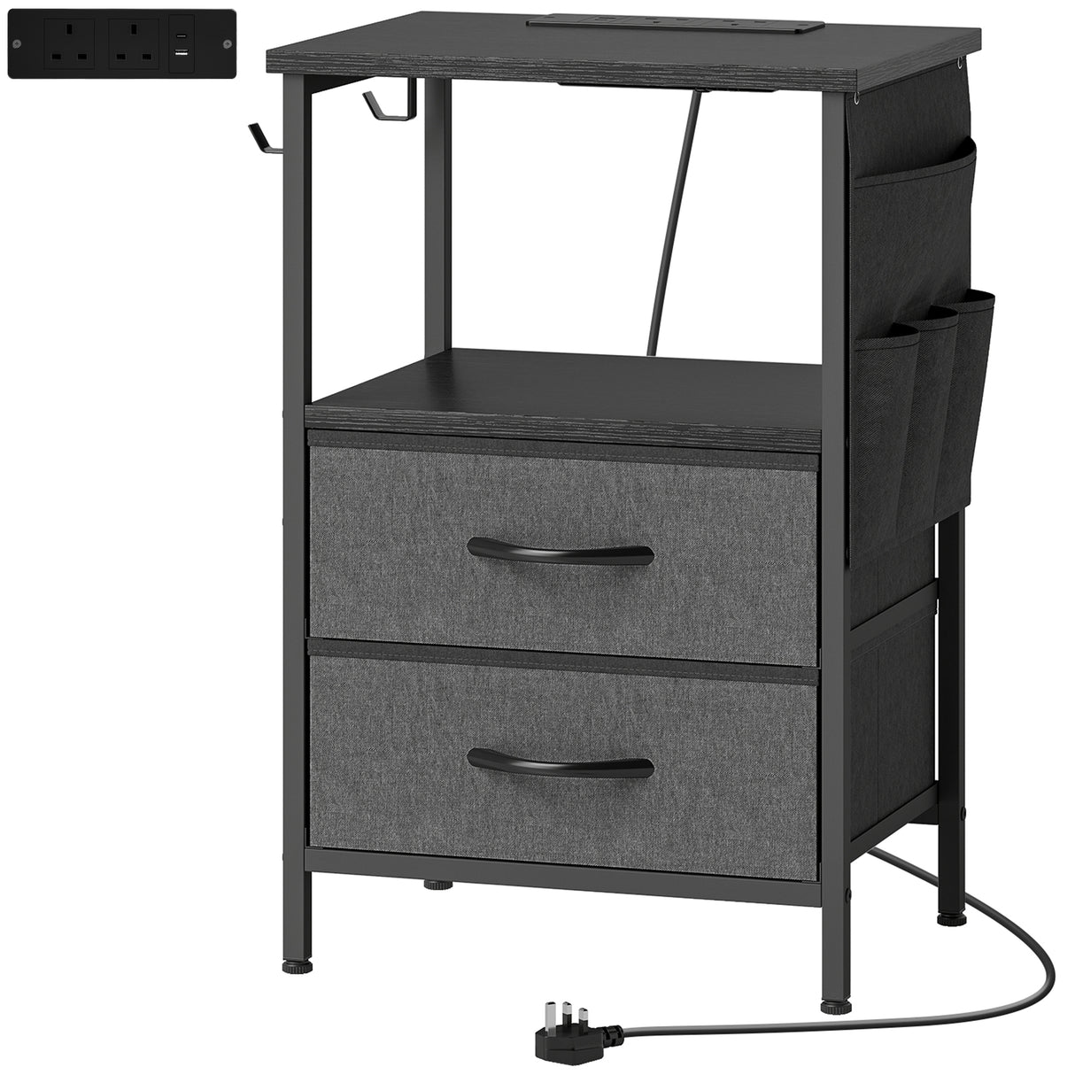 Wooden Bedside Cabinet 40cm Wide With 2 Drawers With Charging Station - Velmora