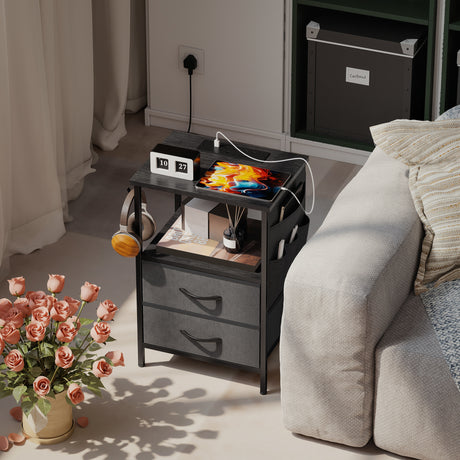 Wooden Bedside Cabinet 40cm Wide With 2 Drawers With Charging Station - Velmora