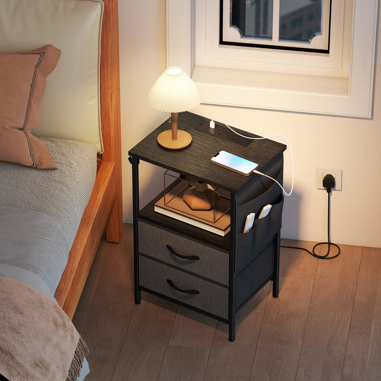 Wooden Bedside Cabinet 40cm Wide With 2 Drawers With Charging Station - Velmora