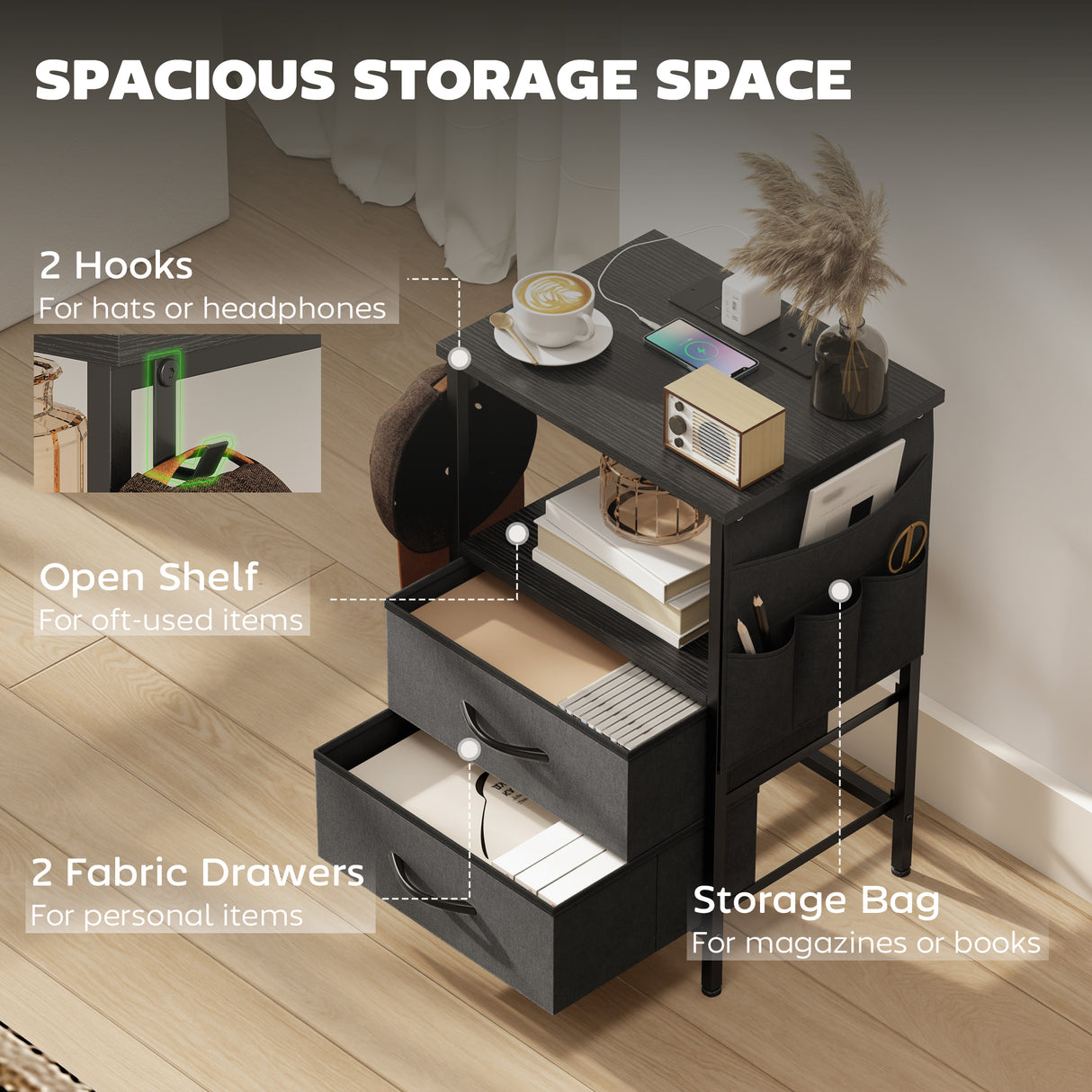 Wooden Bedside Cabinet 40cm Wide With 2 Drawers With Charging Station - Velmora