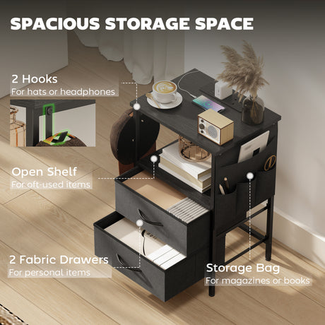 Wooden Bedside Cabinet 40cm Wide With 2 Drawers With Charging Station - Velmora