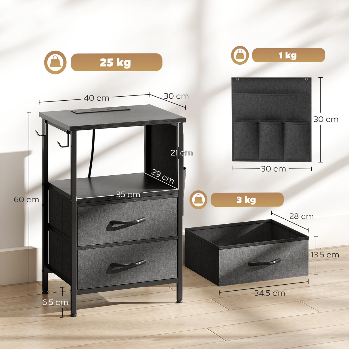 Wooden Bedside Cabinet 40cm Wide With 2 Drawers With Charging Station - Velmora